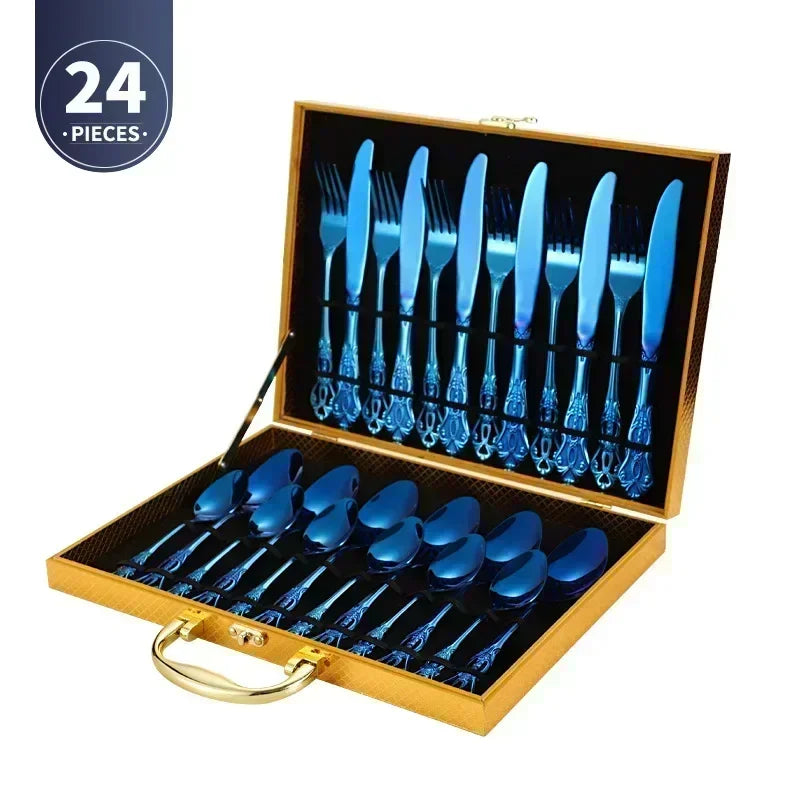 Luxury Retro Cutlery Set | Engraved Stainless Steel Flatware | 4pc, 5pc, 16pc & 24pc Sets Blue 24pcs Box China Mainland | Afrocentric