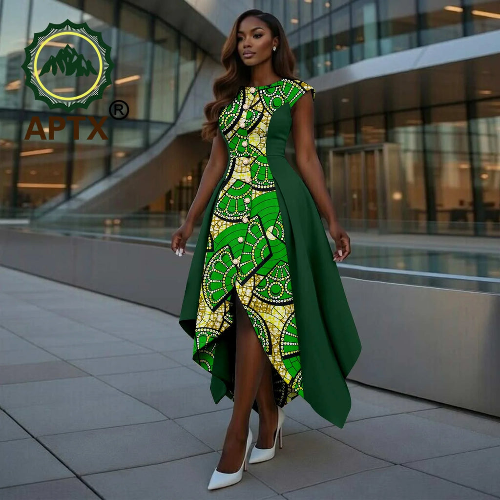 African Dress for Women Ankara Print O-Neck Short Sleeve Ankle-Length Patchwork Asymmetrical Dress Dashiki Casual Party | Afrocentric
