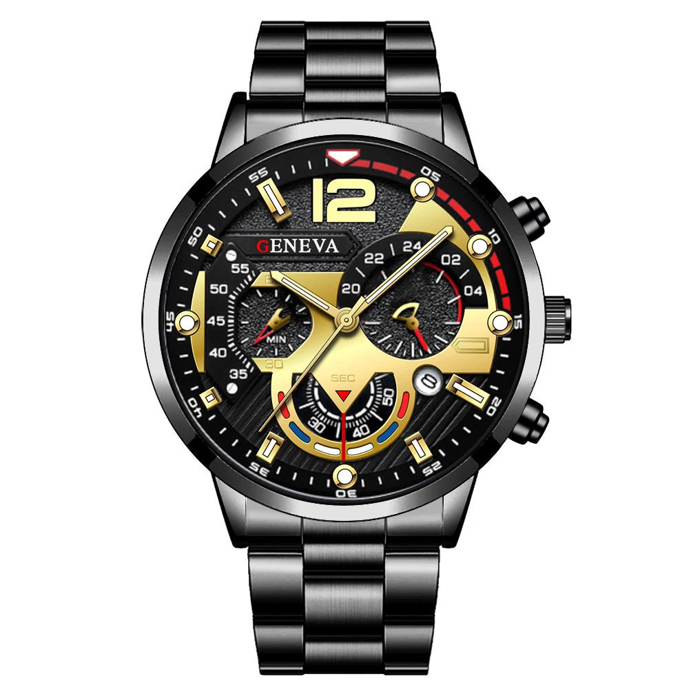 Men's Stainless Steel Quartz Watch | Minimalist Needle Dial Fashion Watch Black Gold | Afrocentric
