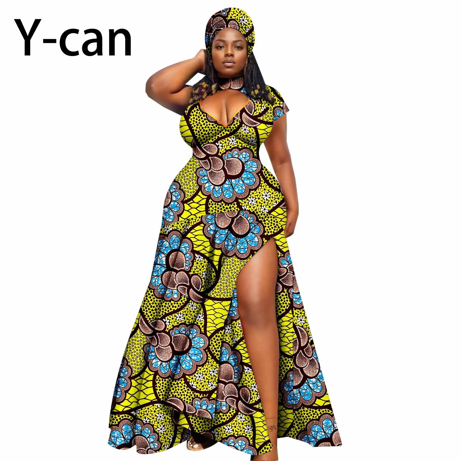 Dashiki African Women Dress Bazin Batik Sleeveless Slim Fit Mermaid Long Dress Sexy Hollow Women Dress with Headscarf 2425143 619 | Afrocentric