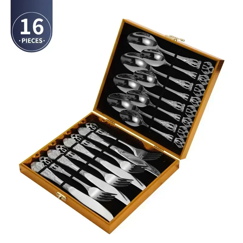 Luxury Retro Cutlery Set | Engraved Stainless Steel Flatware | 4pc, 5pc, 16pc & 24pc Sets Silver 16pcs Box China Mainland | Afrocentric