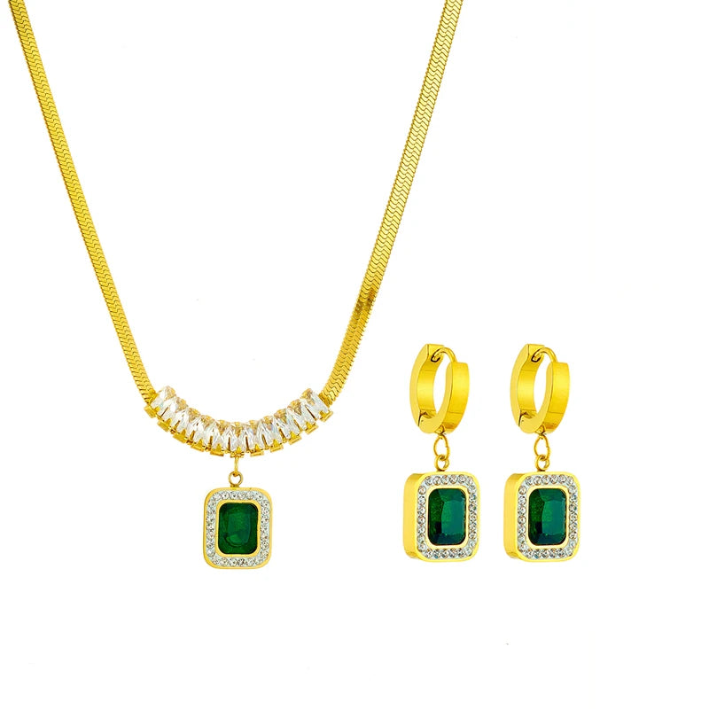 Green Crystal Zircon Jewelry Set | Necklace, Earrings & Bracelet for Women | Afrocentric