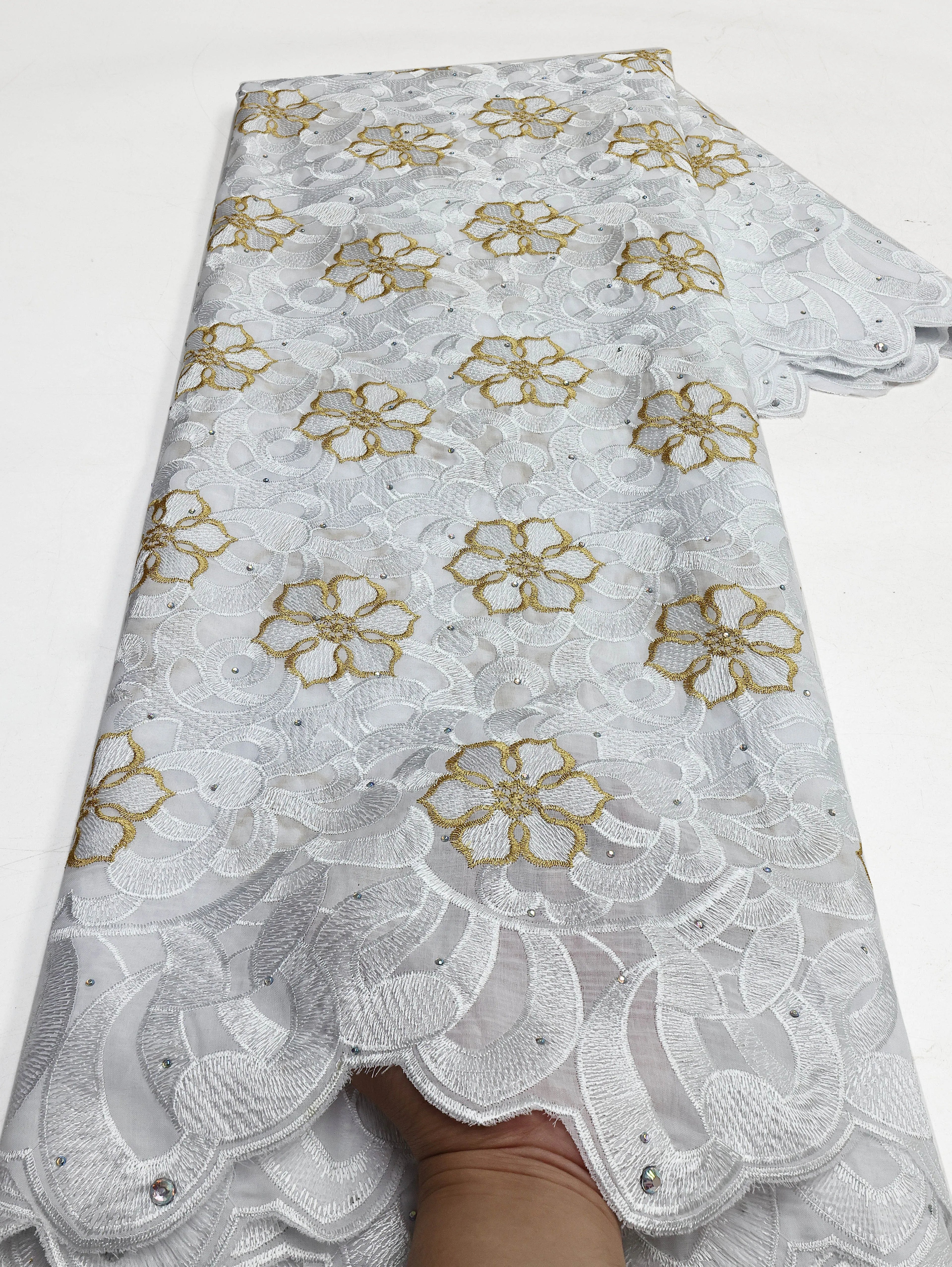 Swiss Voile Lace In Switzerland With 3D Flower Applique Stones 2026 Super Quality African Lace Fabric For Wedding Lace Dress LY3528-2 120cm 5 Yards | Afrocentric