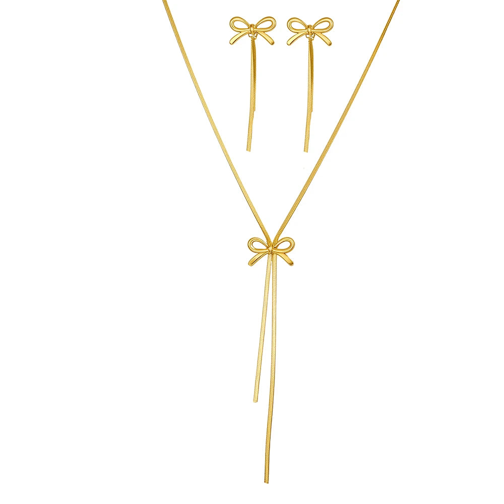 Delicate Bow Tassel Chain Necklace & Earrings Set | Gold Stainless Steel | Afrocentric