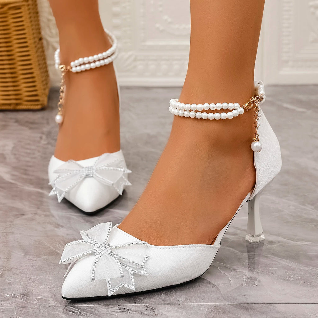 Elegant Pearl Chain Ankle Strap Pumps - Bowknot Pointed Toe High Heel Wedding Shoes white | Afrocentric