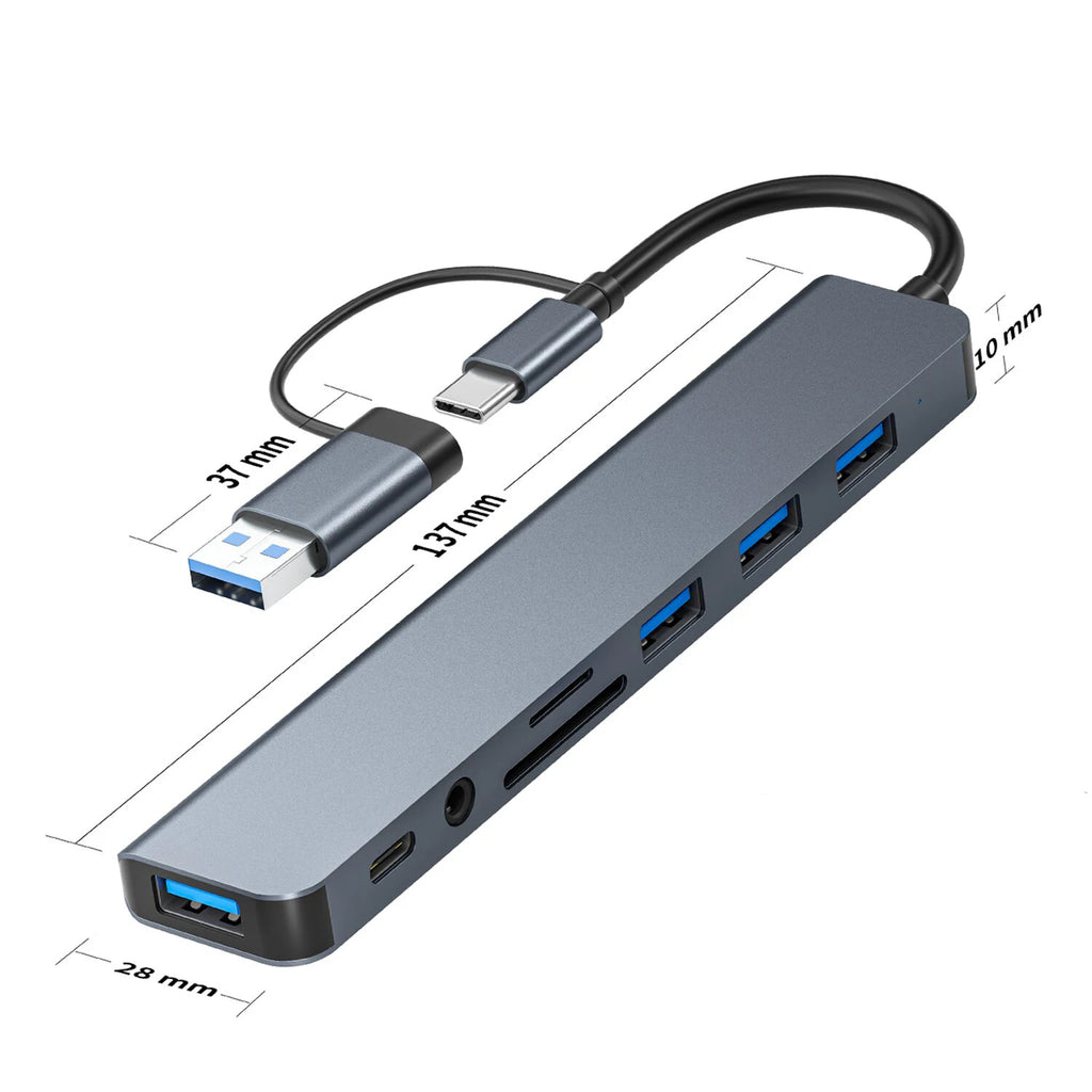 8-in-1 USB-C Hub - 4 USB Ports, USB-C, TF/SD Card Reader & 3.5mm Audio for MacBook & iPad | Afrocentric