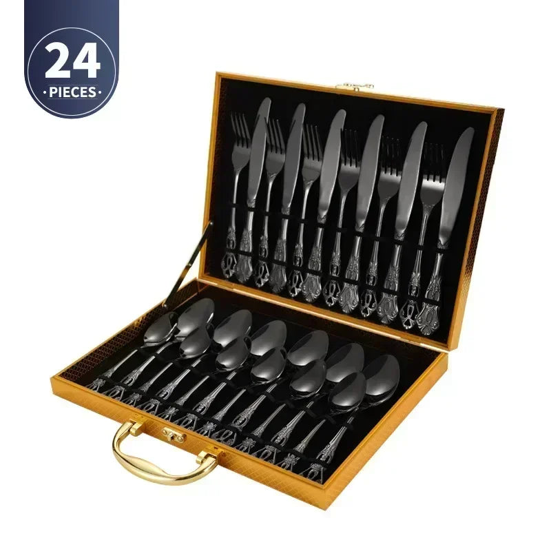 Luxury Retro Cutlery Set | Engraved Stainless Steel Flatware | 4pc, 5pc, 16pc & 24pc Sets Black 24pcs Box China Mainland | Afrocentric