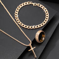 Men's 3-Piece Jewelry Set | Cross Pendant Necklace, Bracelet & Ring Combo H465-GD | Afrocentric