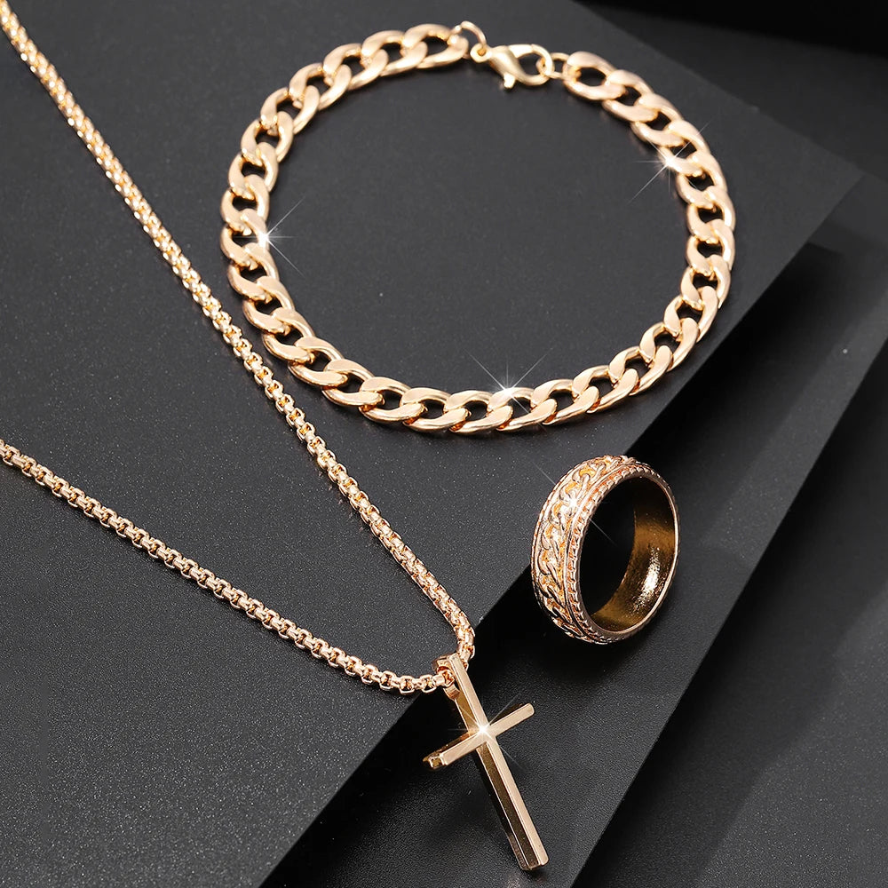 Men's 3-Piece Jewelry Set | Cross Pendant Necklace, Bracelet & Ring Combo H465-GD | Afrocentric