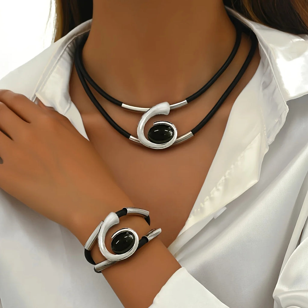 Vintage Black & Gold Jewelry Set | Rhinestone Necklace & Bracelet Combo | Afrocentric