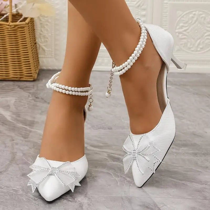 Elegant Pearl Chain Ankle Strap Pumps - Bowknot Pointed Toe High Heel Wedding Shoes | Afrocentric