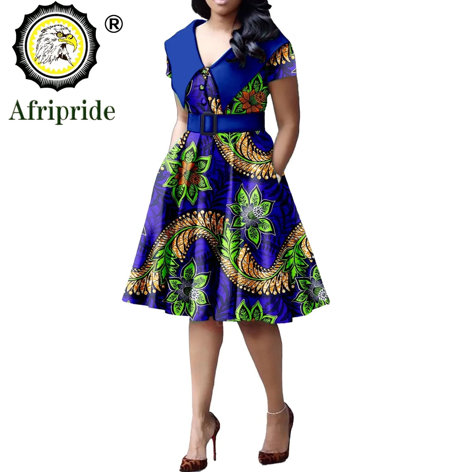 African Print Dresses for Women Short Sleeve Elegant Party Plus Size Pleated Dress with Belt Bazin Riche Ankara Print S2125034 620-1 | Afrocentric