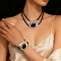 Vintage Black & Gold Jewelry Set | Rhinestone Necklace & Bracelet Combo Silver-2pcs | Afrocentric