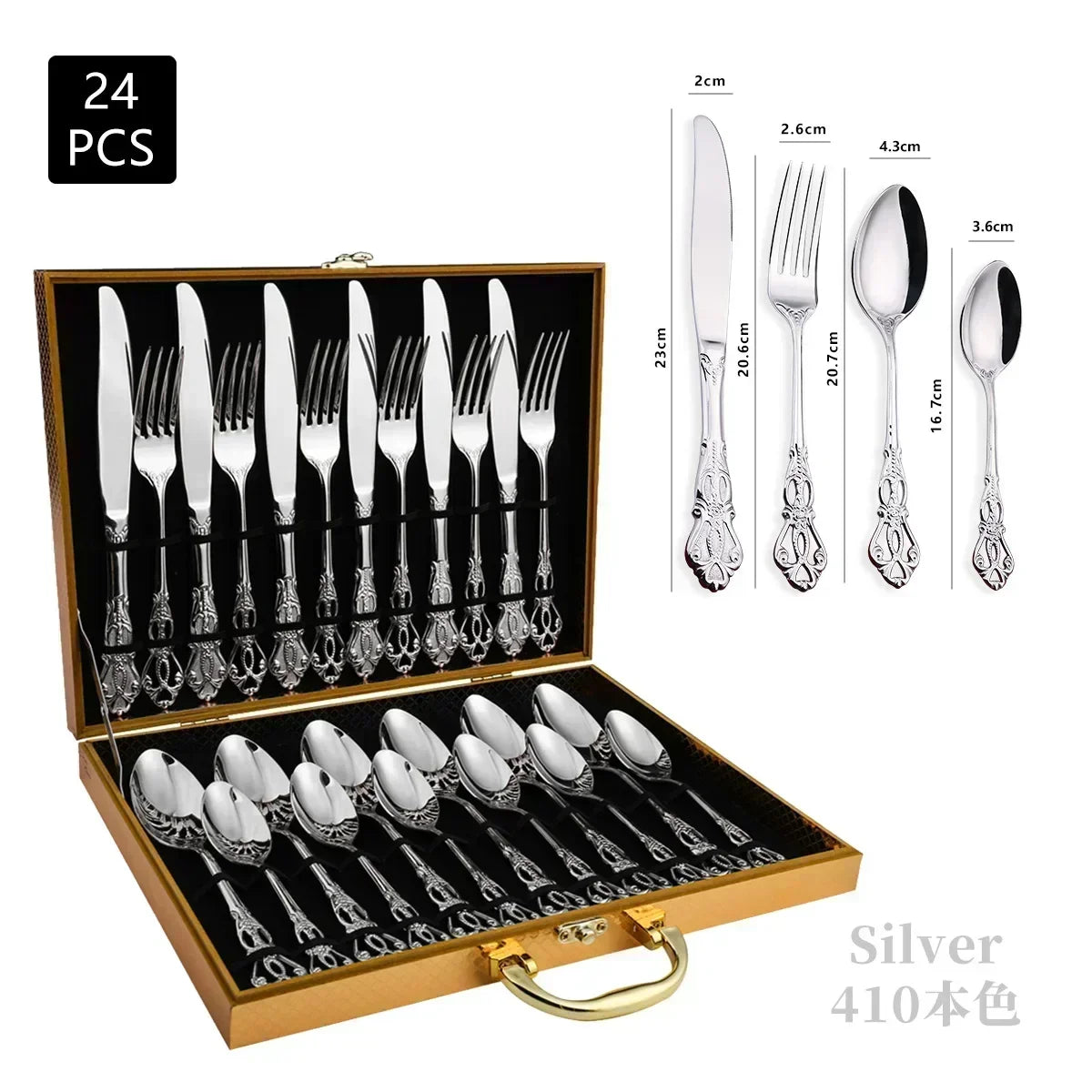 Luxury Retro Cutlery Set | Engraved Stainless Steel Flatware | 4pc, 5pc, 16pc & 24pc Sets Silver 24pcs Box China Mainland | Afrocentric