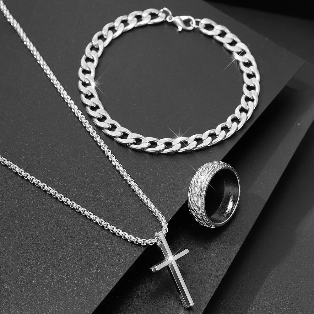 Men's 3-Piece Jewelry Set | Cross Pendant Necklace, Bracelet & Ring Combo H465-SL | Afrocentric