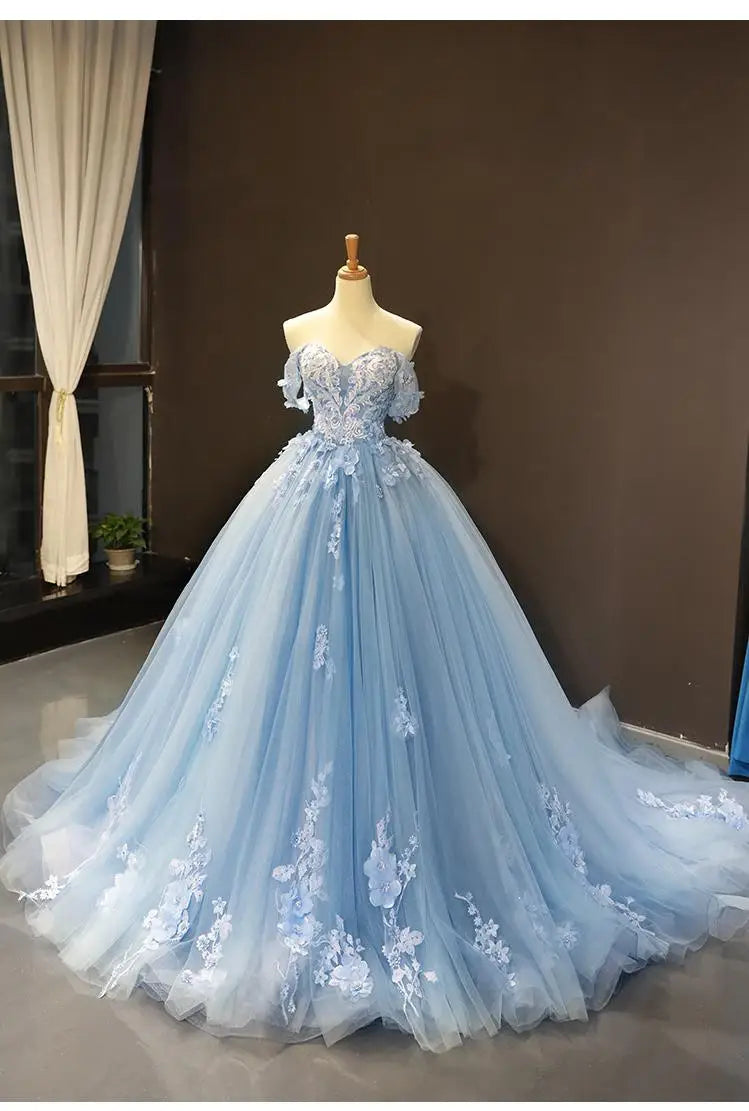 Floral Quinceañera Ball Gown – Off Shoulder Tulle Dress (Plus Size Available)