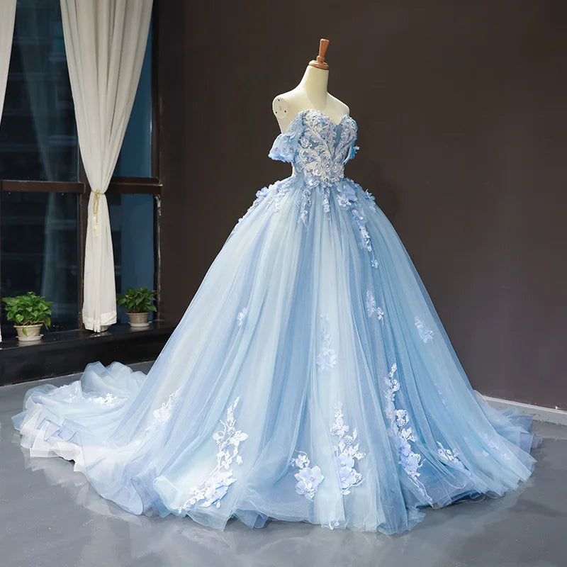 Floral Quinceañera Ball Gown – Off Shoulder Tulle Dress (Plus Size Available)