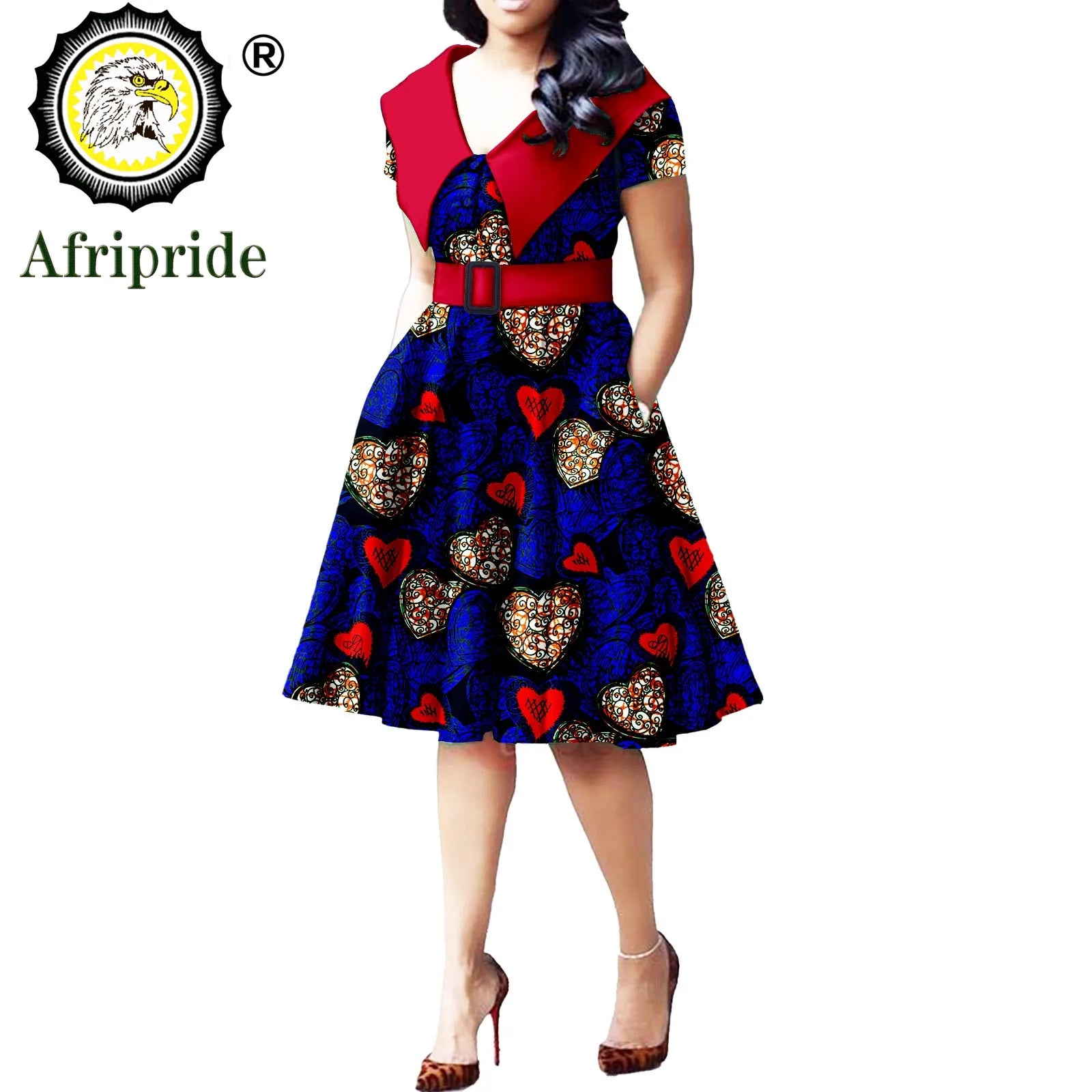 African Print Dresses for Women Short Sleeve Elegant Party Plus Size Pleated Dress with Belt Bazin Riche Ankara Print S2125034 647-3 | Afrocentric