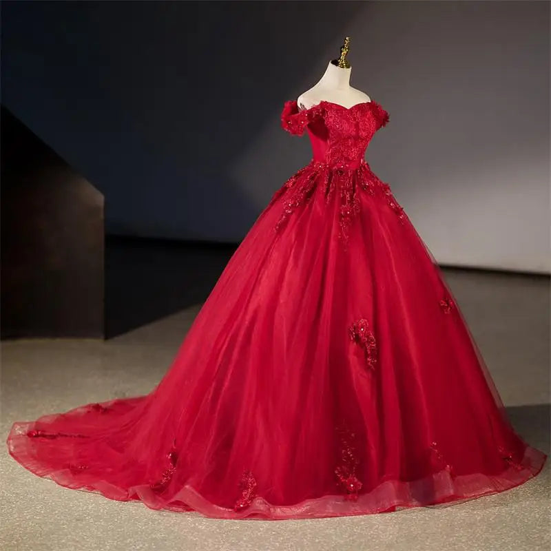 Floral Quinceañera Ball Gown – Off Shoulder Tulle Dress (Plus Size Available)