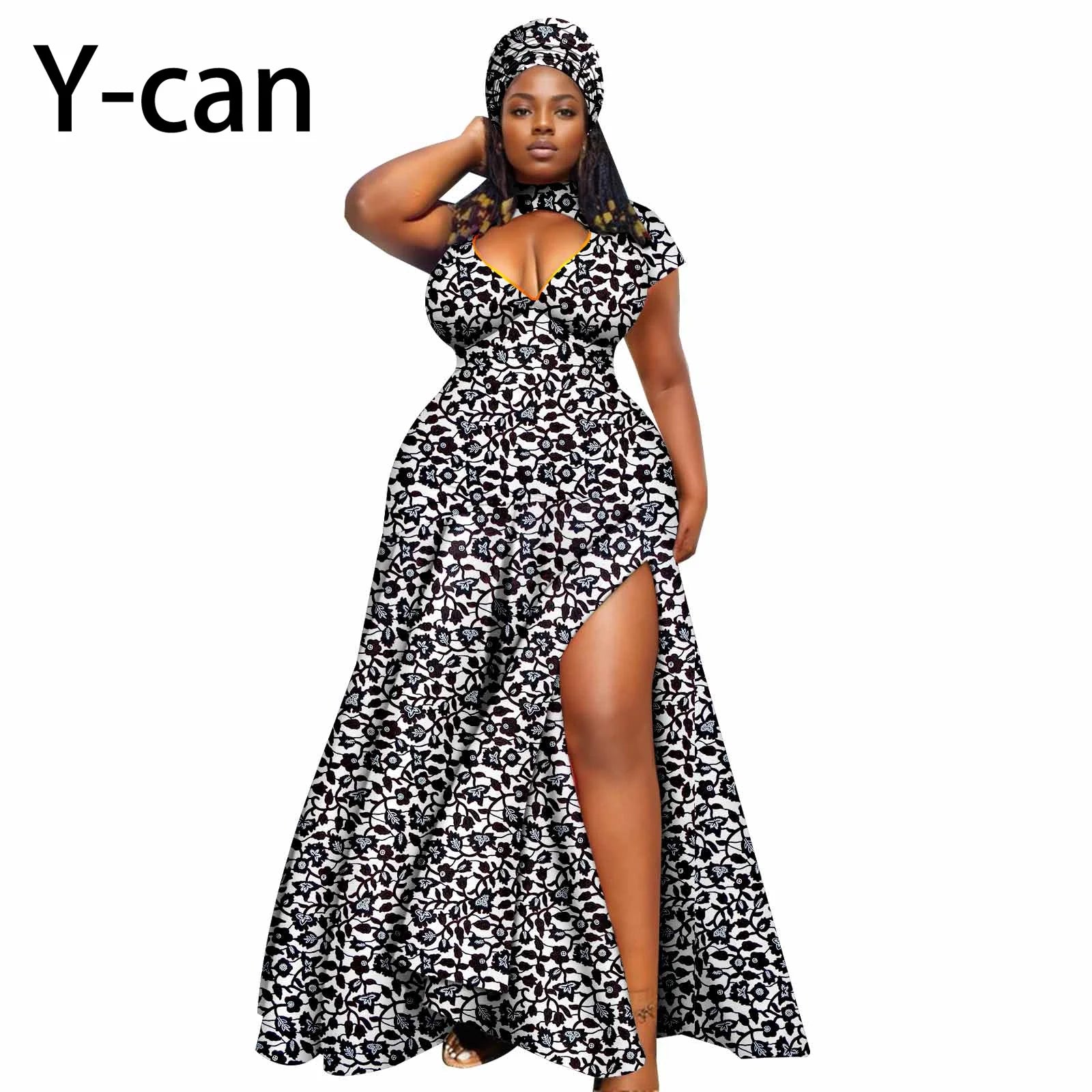 Dashiki African Women Dress Bazin Batik Sleeveless Slim Fit Mermaid Long Dress Sexy Hollow Women Dress with Headscarf 2425143 727 | Afrocentric