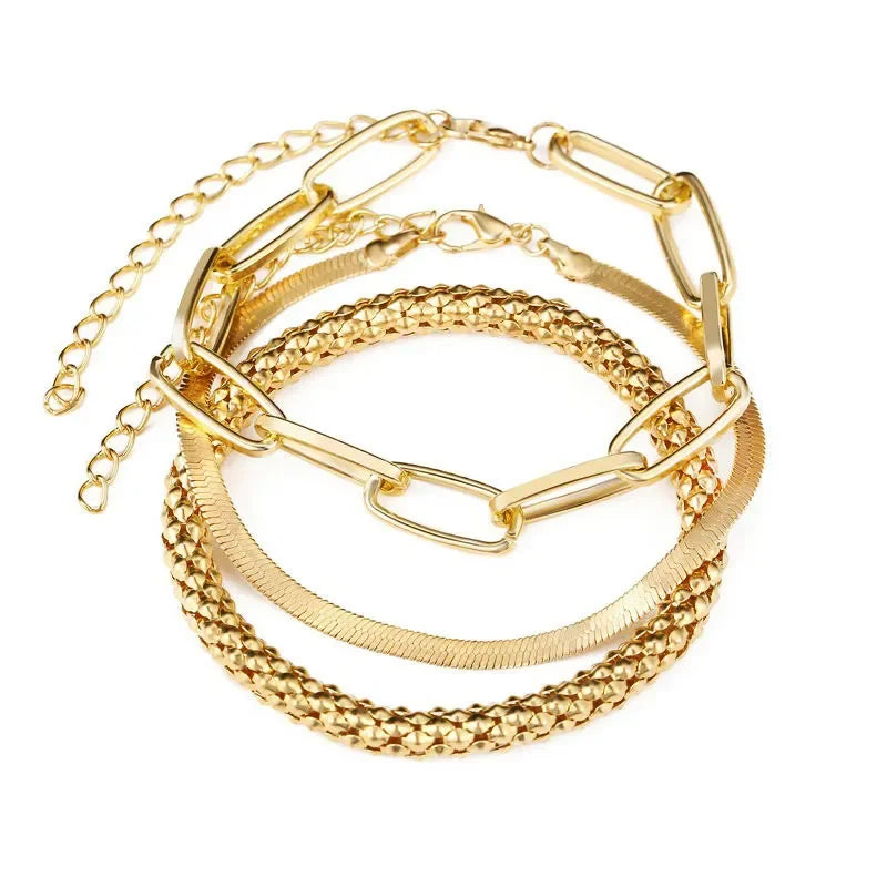 Boho Gold Chain Bracelet Set | Geometric Link Chain Open Bangle for Women | Afrocentric