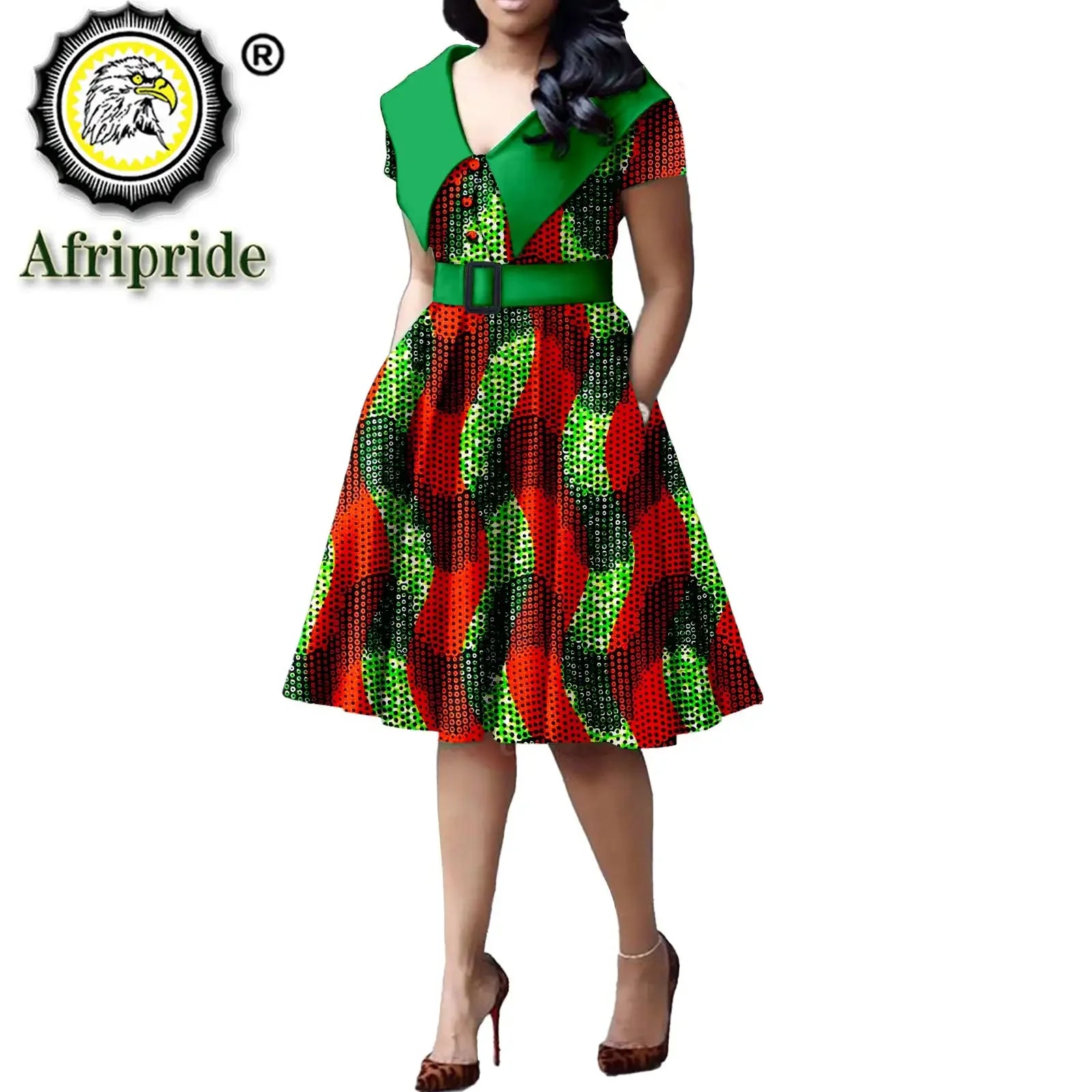 African Print Dresses for Women Short Sleeve Elegant Party Plus Size Pleated Dress with Belt Bazin Riche Ankara Print S2125034 703-15 | Afrocentric