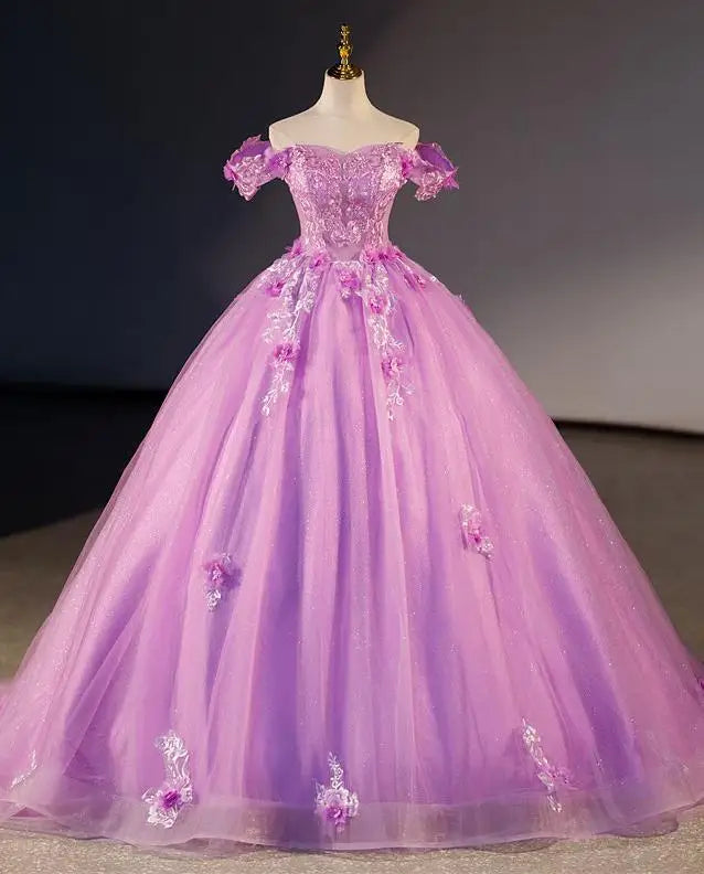 Floral Quinceañera Ball Gown – Off Shoulder Tulle Dress (Plus Size Available)