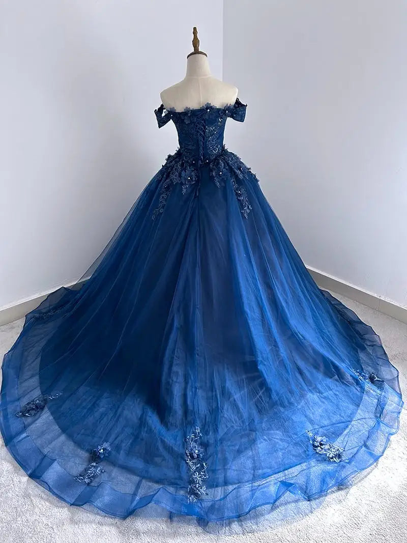 Floral Quinceañera Ball Gown – Off Shoulder Tulle Dress (Plus Size Available)