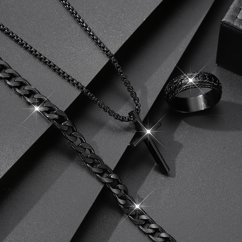 Men's 3-Piece Jewelry Set | Cross Pendant Necklace, Bracelet & Ring Combo H465-BK | Afrocentric