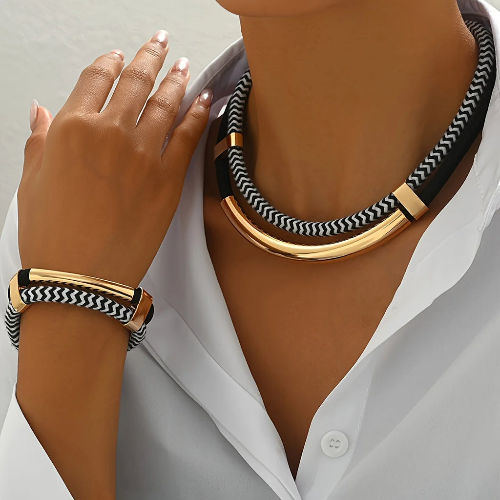 2PCS Hip-Hop Style Metal Tube Necklace & Bracelet Set - Black & White Exaggerated Fashion Jewelry | Afrocentric