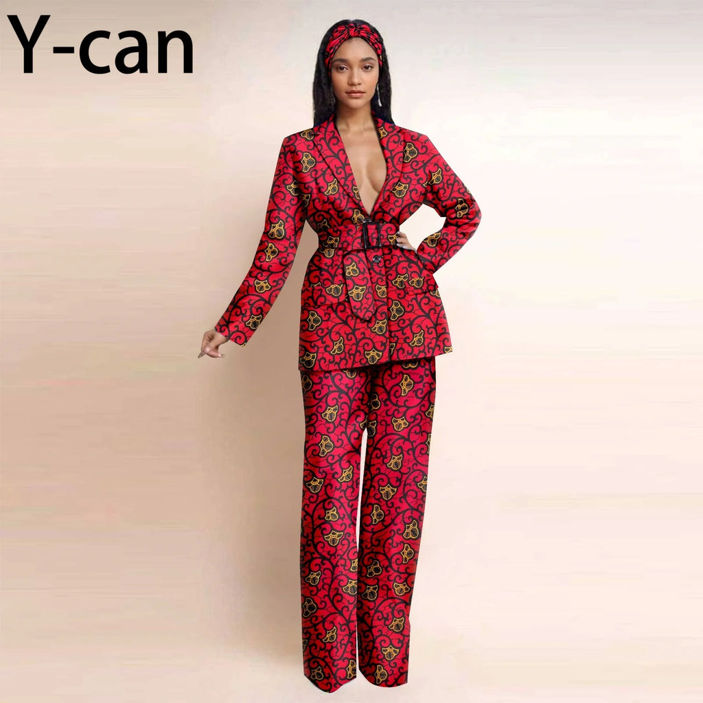 Dashiki Ankara Print African Women Set Traditional Long Sleeve Jacket Coat and Pants 2 Piece Suit Set Office Clothes 2426028 726 | Afrocentric