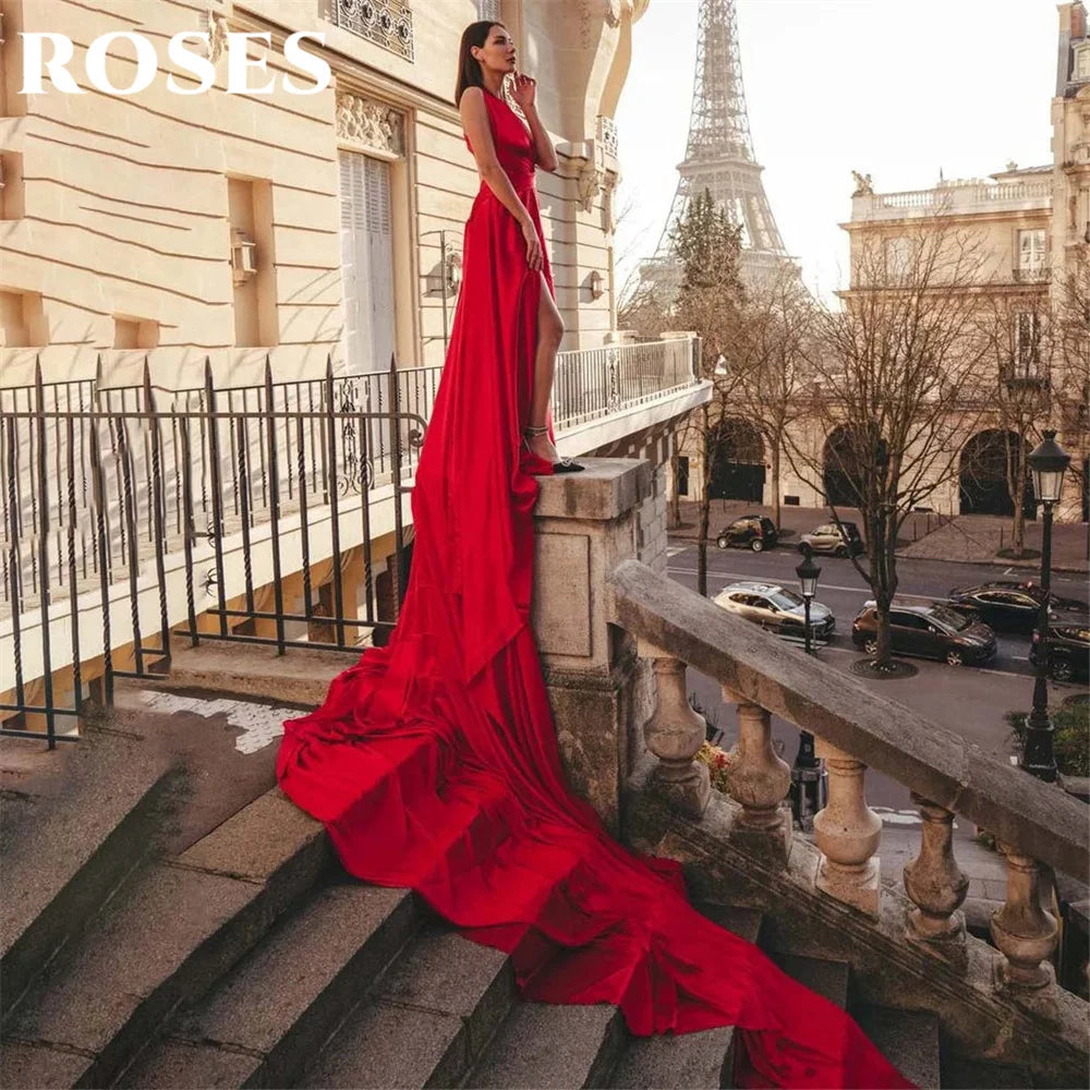 Red Satin Prom Dress | Sleeveless Backless Trumpet Gown with V-Neck & Pleats | Afrocentric