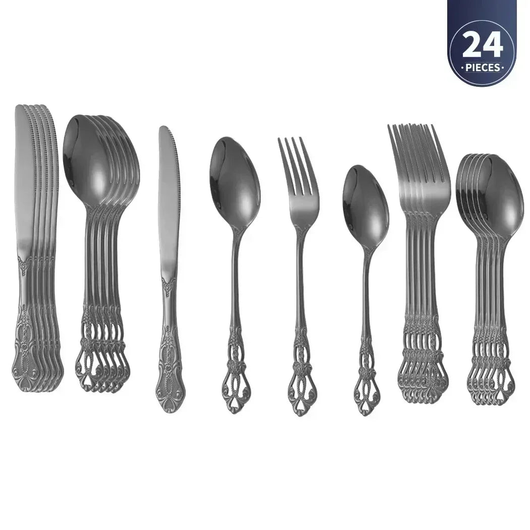 Luxury Retro Cutlery Set | Engraved Stainless Steel Flatware | 4pc, 5pc, 16pc & 24pc Sets Black 24pcs China Mainland | Afrocentric