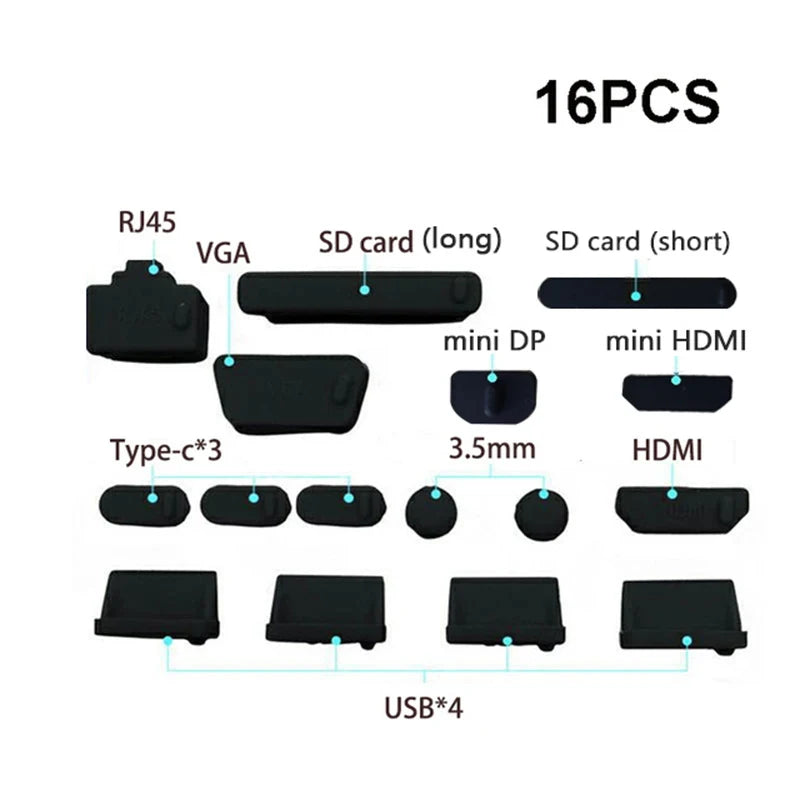 Silicone Laptop Port Dust Plugs | 16-Piece Universal Anti-Dust Cover Set | Afrocentric