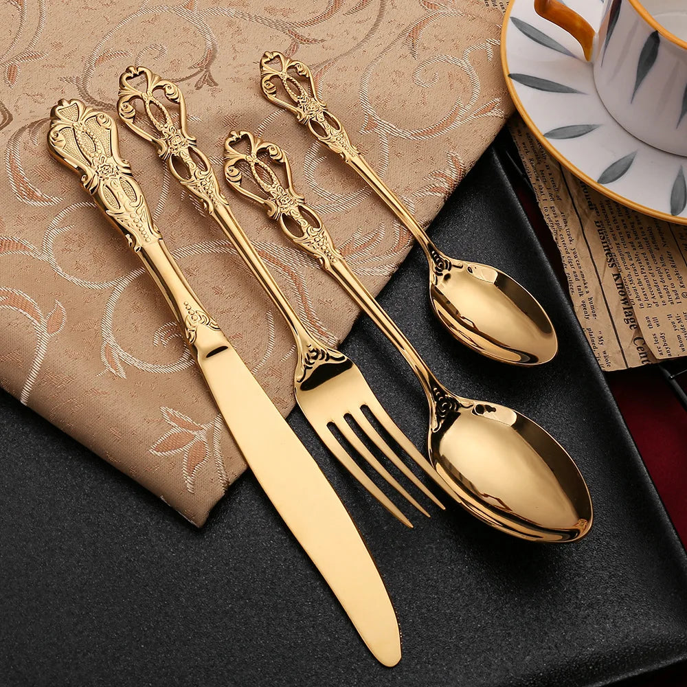 Luxury Retro Cutlery Set | Engraved Stainless Steel Flatware | 4pc, 5pc, 16pc & 24pc Sets | Afrocentric