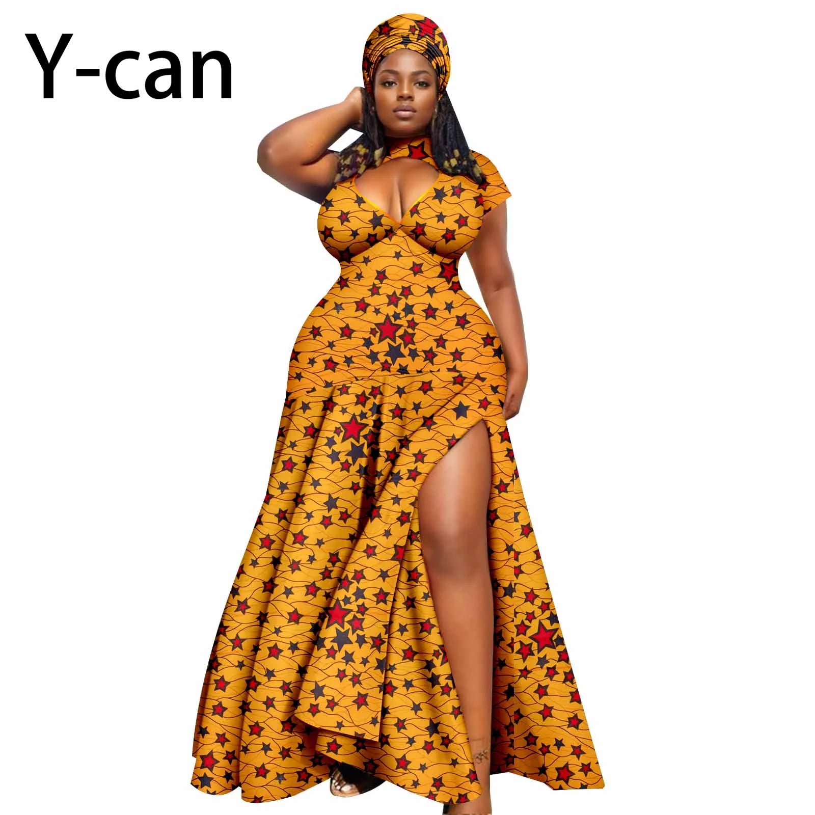 Dashiki African Women Dress Bazin Batik Sleeveless Slim Fit Mermaid Long Dress Sexy Hollow Women Dress with Headscarf 2425143 | Afrocentric