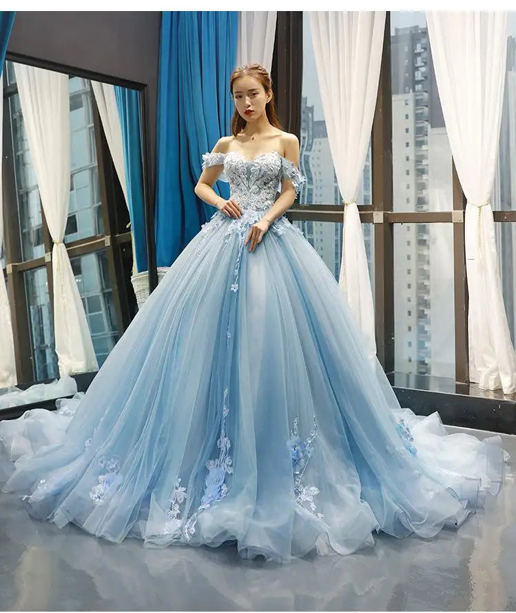 Floral Quinceañera Ball Gown – Off Shoulder Tulle Dress (Plus Size Available)