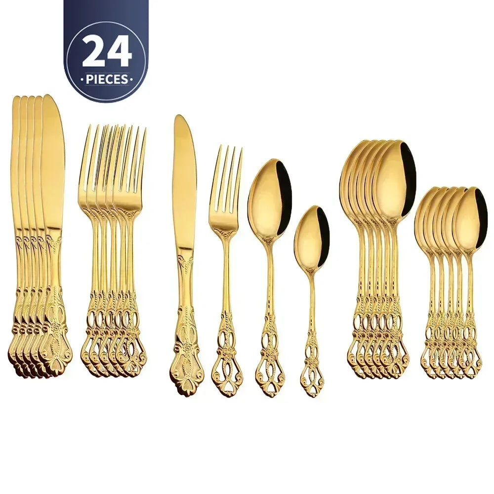 Luxury Retro Cutlery Set | Engraved Stainless Steel Flatware | 4pc, 5pc, 16pc & 24pc Sets Golden 24pcs China Mainland | Afrocentric