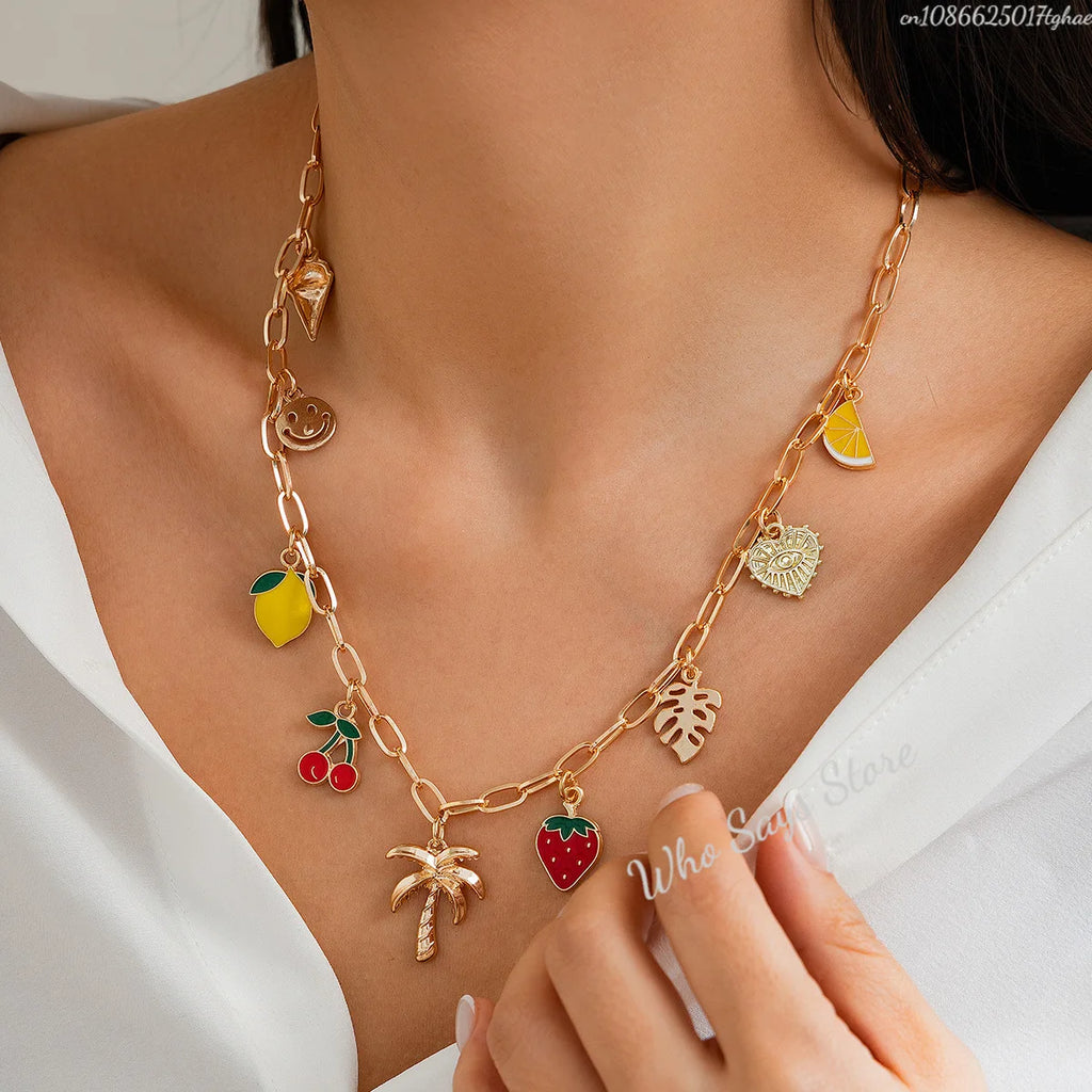 Boho Fruit Charm Choker Necklace | Cherry, Strawberry & Sweet Dopamine Jewellery | Afrocentric