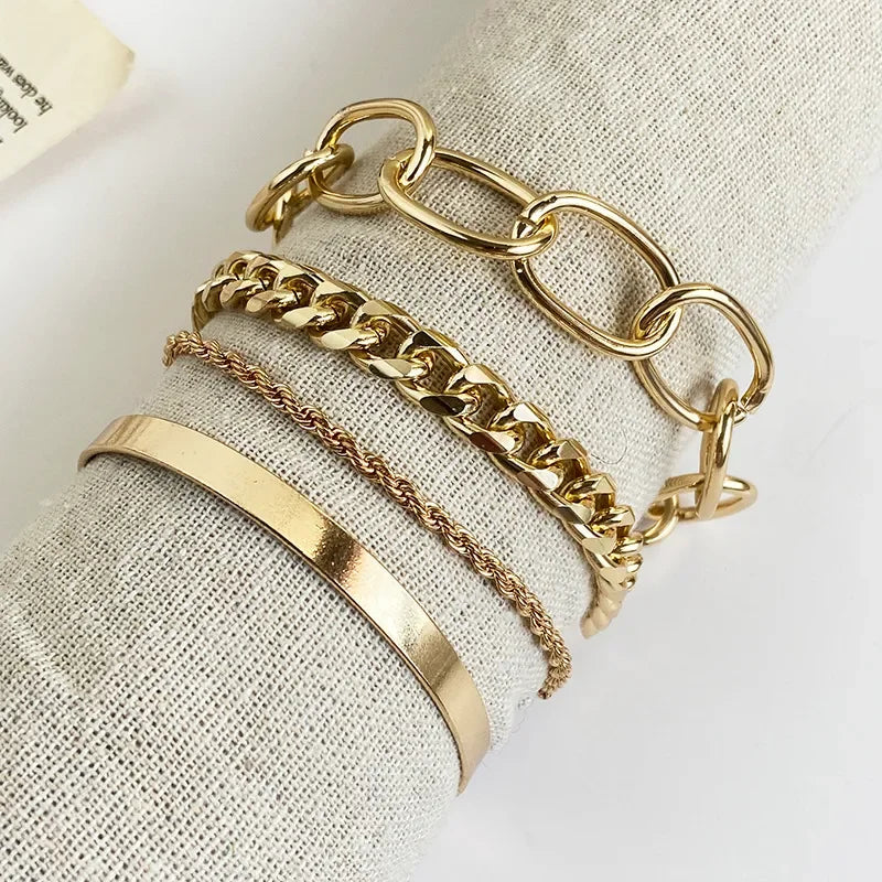 Boho Gold Chain Bracelet Set | Geometric Link Chain Open Bangle for Women | Afrocentric
