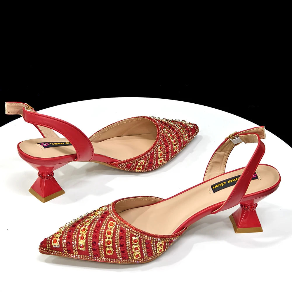 2025 Italian Fashion Pointed Toe Rhinestone Women Heels & Bag Set | Afrocentric