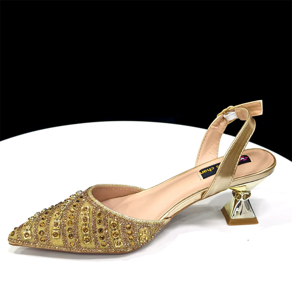 2025 Italian Fashion Pointed Toe Rhinestone Women Heels & Bag Set | Afrocentric