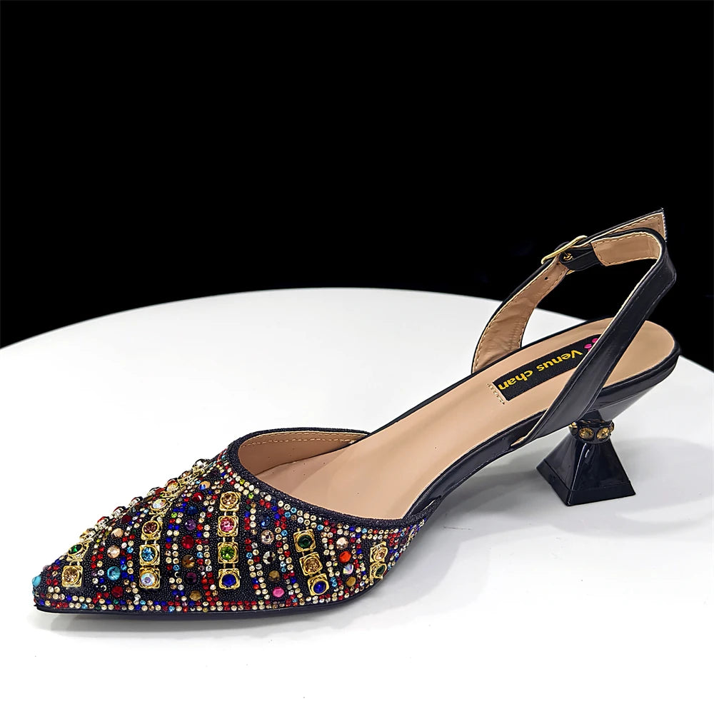2025 Italian Fashion Pointed Toe Rhinestone Women Heels & Bag Set | Afrocentric