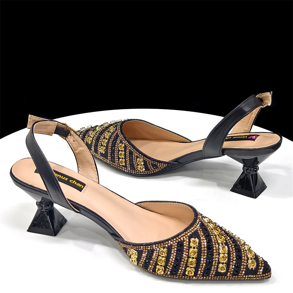 2025 Italian Fashion Pointed Toe Rhinestone Women Heels & Bag Set | Afrocentric