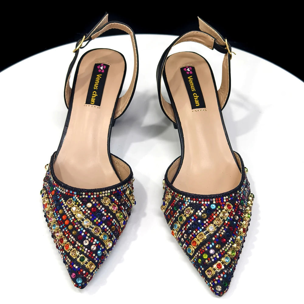 2025 Italian Fashion Pointed Toe Rhinestone Women Heels & Bag Set | Afrocentric