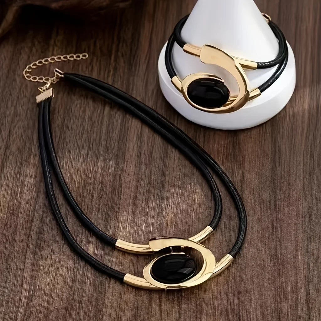 Vintage Black & Gold Jewelry Set | Rhinestone Necklace & Bracelet Combo | Afrocentric