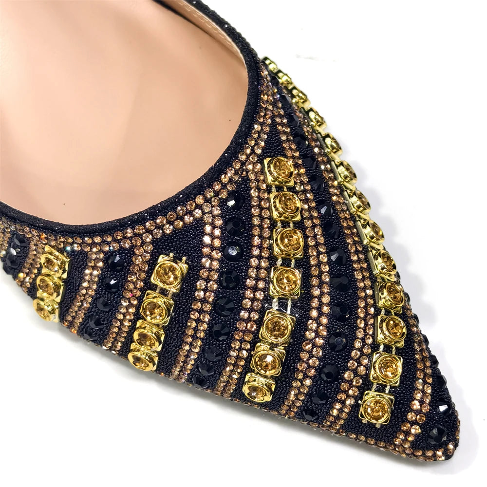 2025 Italian Fashion Pointed Toe Rhinestone Women Heels & Bag Set | Afrocentric