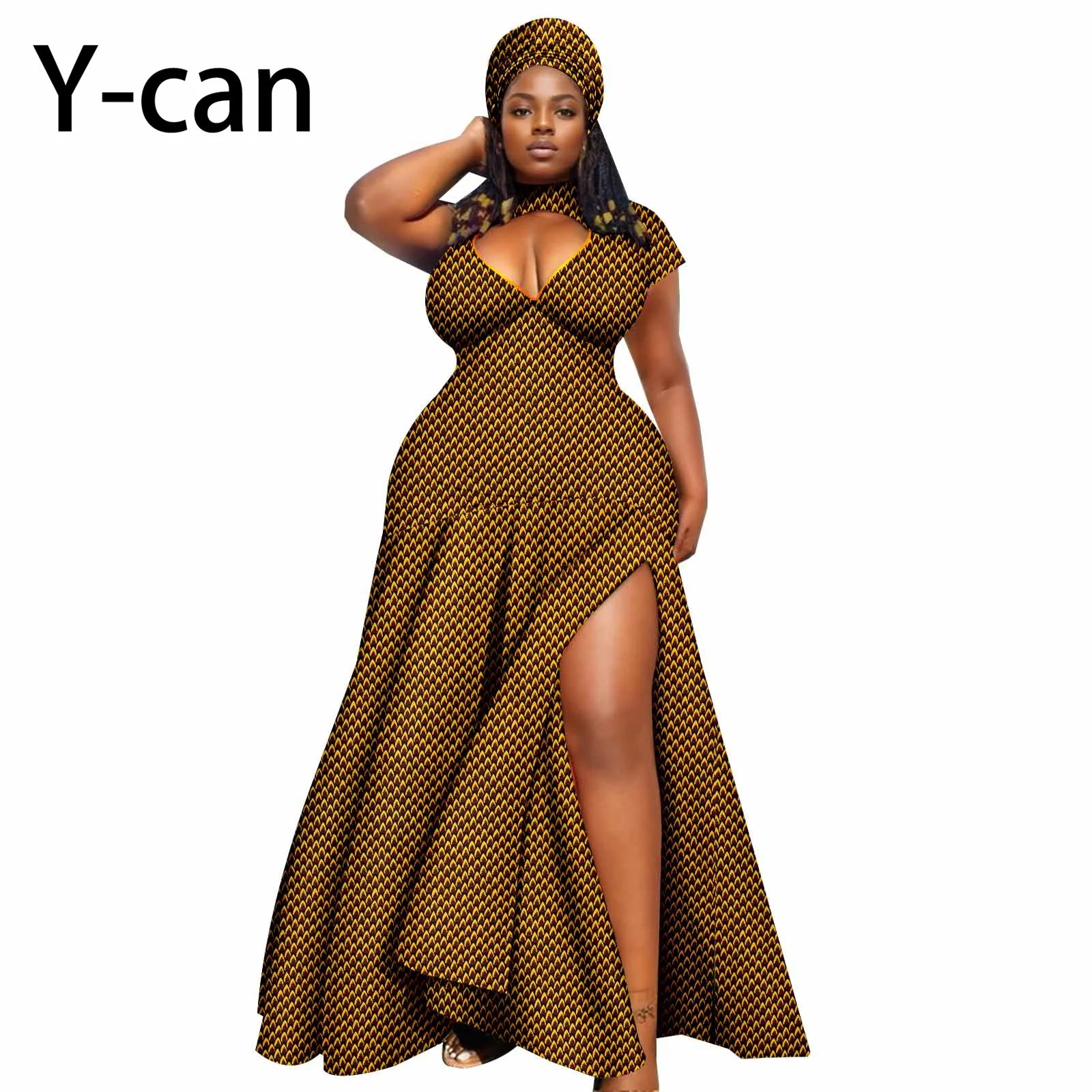 Dashiki African Women Dress Bazin Batik Sleeveless Slim Fit Mermaid Long Dress Sexy Hollow Women Dress with Headscarf 2425143 747 | Afrocentric