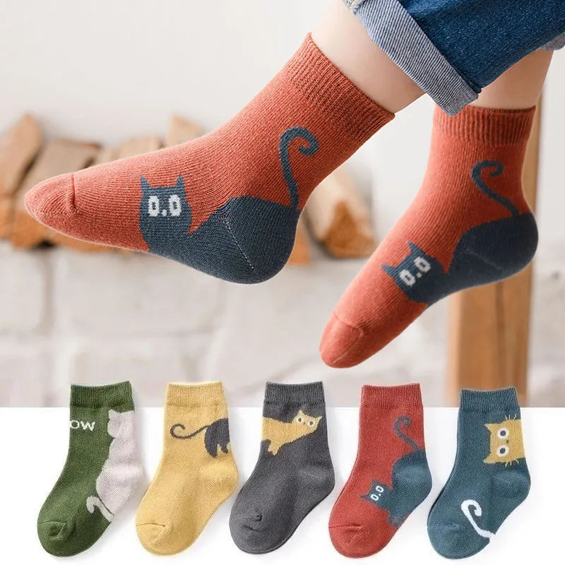 5 Pairs Kids Cartoon Cat Socks - Comfortable Breathable Children Socks for Boys & Girls | Afrocentric