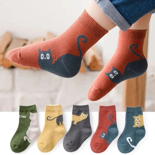 5 Pairs Kids Cartoon Cat Socks - Comfortable Breathable Children Socks for Boys & Girls | Afrocentric